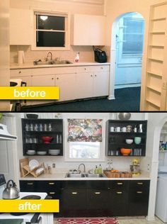 before and after pictures of a kitchen remodel with white cabinets, black countertops, and red area rug