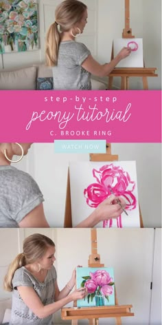 a woman is painting flowers on an easel with the words, step by step peony