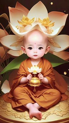 a painting of a baby sitting on top of a table holding a golden pot with flowers in it