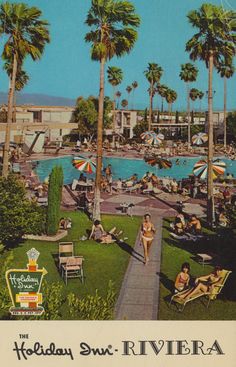 an old postcard shows people relaxing in the sun at a resort with palm trees