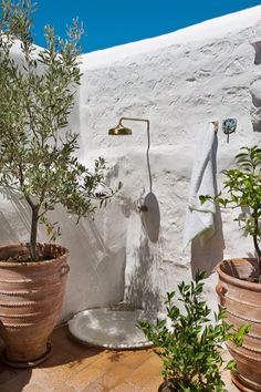 an outdoor shower with plants and towels hanging on the wall next to potted trees