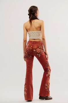 Driftwood Farrah Embroidered Flare Jeans | Free People Unique Rave Outfits, Embroidered Pants, All Jeans, Red Fits, Embroidered Jeans, Vintage Inspired Design, Bottom Clothes, Pocket Design, Boho Outfits