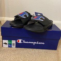 Champion Adjustable Mega Slides Sandals In Black Logo Unisex Brand New!! Guaranteed Authentic. Photos Show The Exact Item. Size 7 For Women Or Size 5 In Boys. Velcro Strap Closure, Jersey Lining, Textured Eva Outsole, Self Fastener Strap Closure 100% Synthetic Thanks For Looking!! Sporty Non-slip Foam Slides, Black Slip-resistant Slides For Sports, Champion Slides, Synthetic Slip-on Slides With Buckle Closure, Champion Shoes, Synthetic Slip-on Sport Sandals With Buckle Closure, Slides Sandals, Black Logo, Velcro Straps