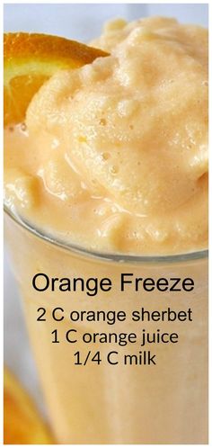 an orange smoothie in a glass is shown with the recipe below it and information on how to make it