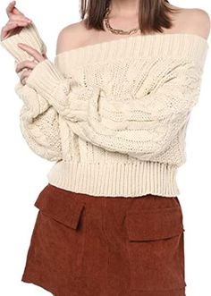 Chunky Cable Knit Beige Off Shoulder Pullover Sweater Material: Cotton, Polyester One Size (US 4-8)---Bust 43.31"---Length 13.39"---Sleeve Length 15.16" Relaxed Loose-Fit, Cozy Textured Fabric Chunky Cable Knit, Winter Knit Hats, Sweater Material, Boot Accessories, Beige Sweater, Winter Knits, Textured Fabric, Sunglass Frames, Pullover Sweater