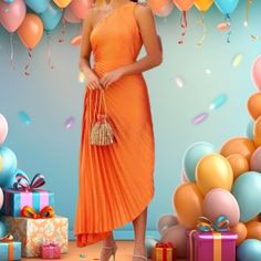 Pleated Orange  Dress with Cutout - Eurockk.com Colorful Dress, Beige Dress, Beige Dresses, Orange Dress, Pleated Dress, Orange Color, A Wedding, Colorful Dresses, In Italy