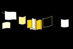 an open book on a black background with yellow and white pages flying in the air