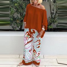 hulianfu Summer Women Casual Printed Slash Neck Long Sleeves Two-piece Suit Loose T-shirt Wide Leg Pants Suit Elegant Slim Home Party Set Women 50 Years Old Fashion, Bat T Shirt, Wide Leg Pant Suit, Shirt Pant Set, Linen Casual, Light Blue Green, Casual Suit, Shirt And Pants, Summer Women