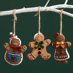 three gingerbread ornaments hanging from a tree branch