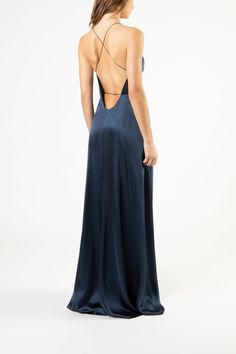 Full length wrap gown in pure silk satin. Features a low neckline, open back, and thin straps that tie at waist. Fully lined in silk. Imported. Composition: 100% silk Low Back Dress, Backless Gown, Low Back Dresses, Low Cut Dresses, Silk Dress Long, Low Neckline, Open Back Dresses, Back Dress, Dress Backs