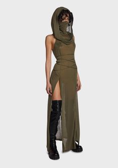 in stretchy semi-sheer marled jersey with mask-integrated draped hood. Adjustable wrap-around waist ties, embroidered "D" logo and slashed cutouts at back, and thigh-high side slits. Dystopian Fashion, Mode Crochet, Futuristic Fashion, Hooded Dress, Maxi Dress Green, Rave Outfits, Burning Man, Goth Fashion