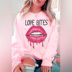 New -Love Bites Lips Graphic Tee -Pink - New -Medium Gildan Sweatshirt 50/Cotton 50 Polyester Unisex Sizing Classic Fit Pink Long Sleeve Sweatshirt With Funny Print, Pink Tops With Funny Print For Loungewear, Pink Top With Funny Print For Loungewear, Pink Funny Print Top For Loungewear, Trendy Pink Sweatshirt With Funny Print, Clemson Sweatshirt, Lips Graphic, Pink Tye Dye, Yoga Sweatshirt