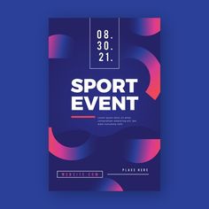 a blue and pink event poster with the words sport event in white letters on it