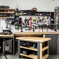 a workbench with many tools on it