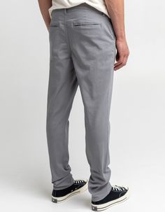 RSQ Mens Slim Taper Light Gray Chino. Cotton twill chino pants with stretch. Slant hand pockets. Back welt pockets with RSQ logo on left pocket opening. Tapered fit. Approx. inseam: 30". Approx. leg opening: 14". 97% cotton/3% spandex. Machine wash. Imported. Tapered Chinos, Grey Chinos, Chino Pants, Chinos Pants, Welt Pockets, Welt Pocket, Light Gray, Cotton Twill, Light Grey