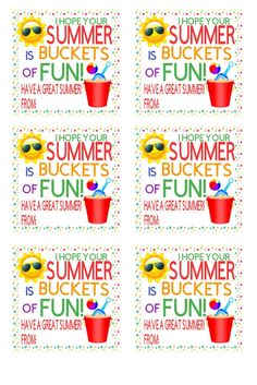 four summer buckets with sunglasses on them and the words, happy summer is fun