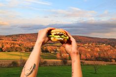 a person holding up a sandwich in front of a scenic landscape with trees and hills