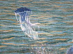 a painting of a jellyfish floating in the ocean with blue and yellow tiles on it