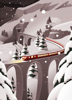 a train traveling over a bridge surrounded by snow covered trees and evergreens at night