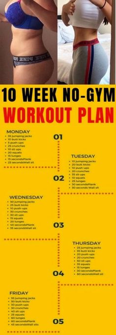 the 10 week no - gym workout plan is shown in yellow and black, with instructions for