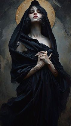 a painting of a woman in black dress with her hands on her chest and head covered by a veil