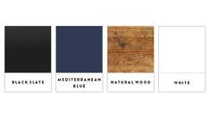 four different shades of black, blue, and white wood with text that says medternann, natural wood, white