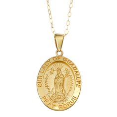 "Wear your faith proudly with this Lady of Guadalupe gold pendant necklace. Wear your faith proudly with this Lady of Guadalupe gold pendant necklace. NECKLACE DETAILS Pendant size: 1 in. x 0.5 in. Chain length: 18 in. Chain type: cable Clasp: spring-ring Metal: 14k gold Finish: polished Inscription: ""Our Lady of Guadalupe Pray For Us"" Packaging: boxed  Size: 18"". Color: Yellow. Gender: female. Age Group: adult." Gold Our Lady Of Guadalupe Round Pendant Necklace, Gold Medallion Necklace With Our Lady Of Guadalupe, Gold Our Lady Of Guadalupe Medallion Necklace, Gold Medallion Necklace Of Our Lady Of Guadalupe, Gold Our Lady Of Guadalupe Medallion, Yellow Gold Oval Necklace With Our Lady Of Guadalupe, Anastasia Music Box, Guadalupe Necklace, Sacred Jewelry