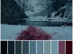 the color palette is blue and gray, with some red dyes on the ground