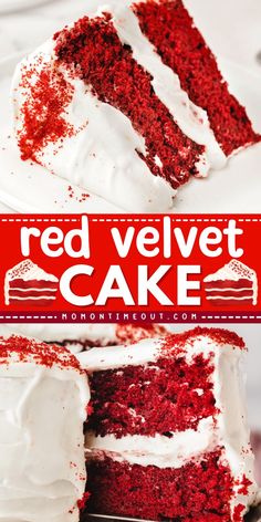 a red velvet cake with white frosting on top and the words red velvet cake above it