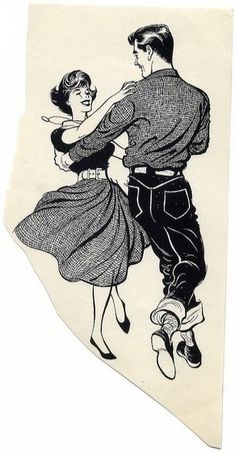 a drawing of a man and woman dancing with their arms around each other's shoulders