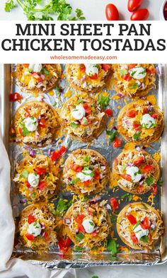 mini sheet pan chicken tostadas on a baking sheet