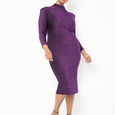 Color: Purple. Funnel Neck Bodycon Dress. Tight Bodycon. Shoulder Pad. Inverted Pleat At Sleeve. Long Sleeve. Very Stretch Lurex Knit. Hits Below Knee. Length Is About 48 1/2". 56% Polyester / 10% Spandex / 34% Lurex Holiday Bodycon Sheath Dress, Sheath Bodycon Dress For Holiday, Holiday Cocktail Bodycon Midi Dress, Elegant Knee-length Bodycon Dress For Holiday Party, Winter Cocktail Stretch Midi Dress, Winter Cocktail Midi Dress With Stretch, Elegant Holiday Stretch Midi Dress, Stretch High Neck Bodycon Dress For Cocktail, Purple Stretch Bodycon Dress For Formal Occasions