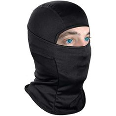 a man with blue eyes wearing a black ski mask