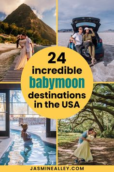 four photos with the words, 24 incredible honeymoon destinations in the usa and an image of people