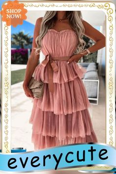 Women's Dresses Tube Top Mesh Lace-up Cake Party Dress Tiered Strapless Dress For Summer Wedding, Tiered Midi Dress For Spring Party, Strapless Garden Party Dress With Ruffles, Knee-length Strapless Ruffle Party Dress, Knee-length Dresses For Brunch And Party Season, Knee-length Dresses For Brunch Party Season, Knee-length Dresses For Brunch During Party Season, Strapless Ruffled Dress For Garden Party, Knee-length Ruffled Maxi Dress For Party