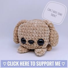 there is a small crocheted dog with big eyes and a thought bubble above it that says, can i have some jammy jam?