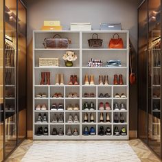 a walk in closet filled with lots of shoes and handbags next to a rug