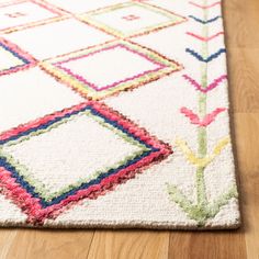 a multicolored area rug on the floor