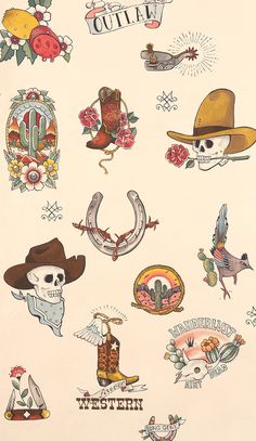 an old school western tattoo design with skulls, flowers and cowboy hats on white paper