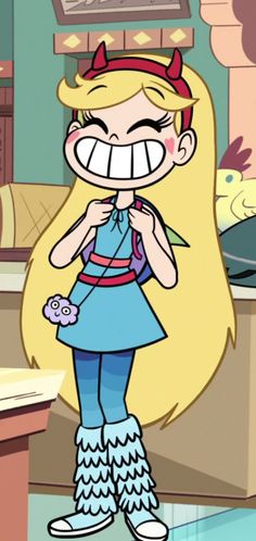 a cartoon girl with big teeth standing in front of a counter