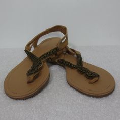 Tan Cut Out Heel Straps Sling-Back Bronze Beaded Thong Sandals By Forever 21 New Without Tags Sweet Summer Staple Sandals These Are An Essential Warm Weather Item Perfect For Dopamine Dressing They Have A Bit Of A Boho, Gypsy, Hippy, Festival Vibe In Neutral Tan Faux Leather With Bronze Beading Up Arch Versatile Pairing With Everything From Sundresses To Swimwear & Lots More Slide On With Sling-Back Heel Straps Cut-Out Heel Straps Have Elastic In Back For Comfortable Secure Fit Vegan Friendly Al Adjustable T-strap Sandals For Beach Party, Adjustable Embellished Sandals For Beach Season, Adjustable T-strap Sandals For Party And Beach Season, Forever 21 Open Toe Sandals For Vacation, Forever 21 Sandals For Spring Beach, Forever 21 Beach Sandals For Spring, Forever 21 Spring Beach Sandals, Forever 21 Summer Party Sandals, Summer Adjustable Beaded T-strap Sandals