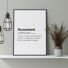 a poster with the definition of an account hanging on a shelf next to a potted plant