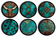 six different designs of turquoise and brown with long horns on them, all in circles