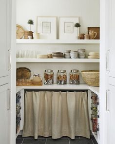 the kitchen is organized and ready to be used as a storage area for food items