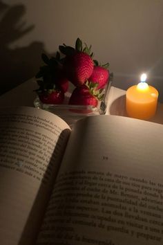 an open book with strawberries and a lit candle