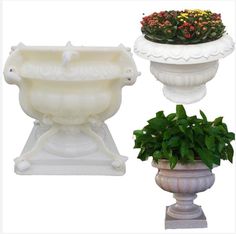 three different types of planters with flowers in them and one has a potted plant