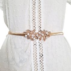 Women's Formal Gold Metallic Stretch Pearl Flower Buckle Elegant Classy Waist Statement Belt, New No Tags Pretty And Shiny Metallic Gold, Looks Luxurious Perfect Accessory To Wear For Any Formal Event, Such As A Wedding, Birthday Party, Holiday Party Etc Stretches To Fit Your Waist And Hooks In Front To Close, Giving You A Beautifully Cinched Silhouette! Width 1.2" , Fits Waist 30'' To 38'' (Size M To Xl) Pet & Smoke Free Environment, Offers Welcomed, Fast Shipping! Gold Metallic Leaf Stretchy W Formal Belt, Formal Belts, Evening Cocktail Party, Statement Belt, Vintage Leather Belts, Wide Leather Belt, Rhinestone Belt, Bridal Belt, Women Formals