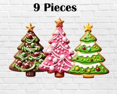 three decorated christmas trees are in front of a white brick wall with the words, 9 pieces