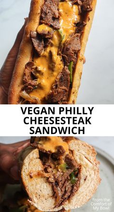 a person holding a sandwich with meat and cheese on it in front of the words vegan phily cheesesteak sandwich