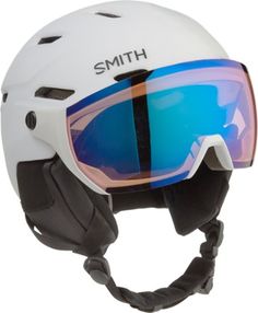 a white helmet with blue goggles on it